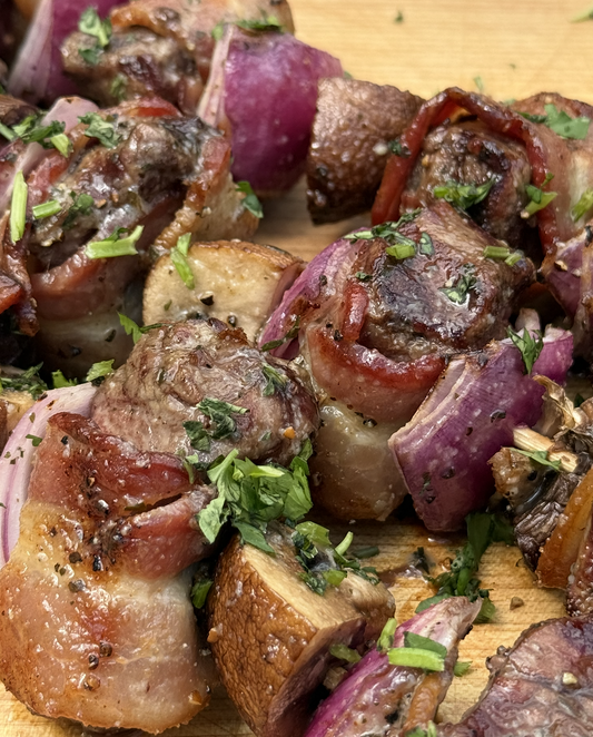 Bacon Wrapped Filet Skewers: Steakhouse Bites Off the Grill 